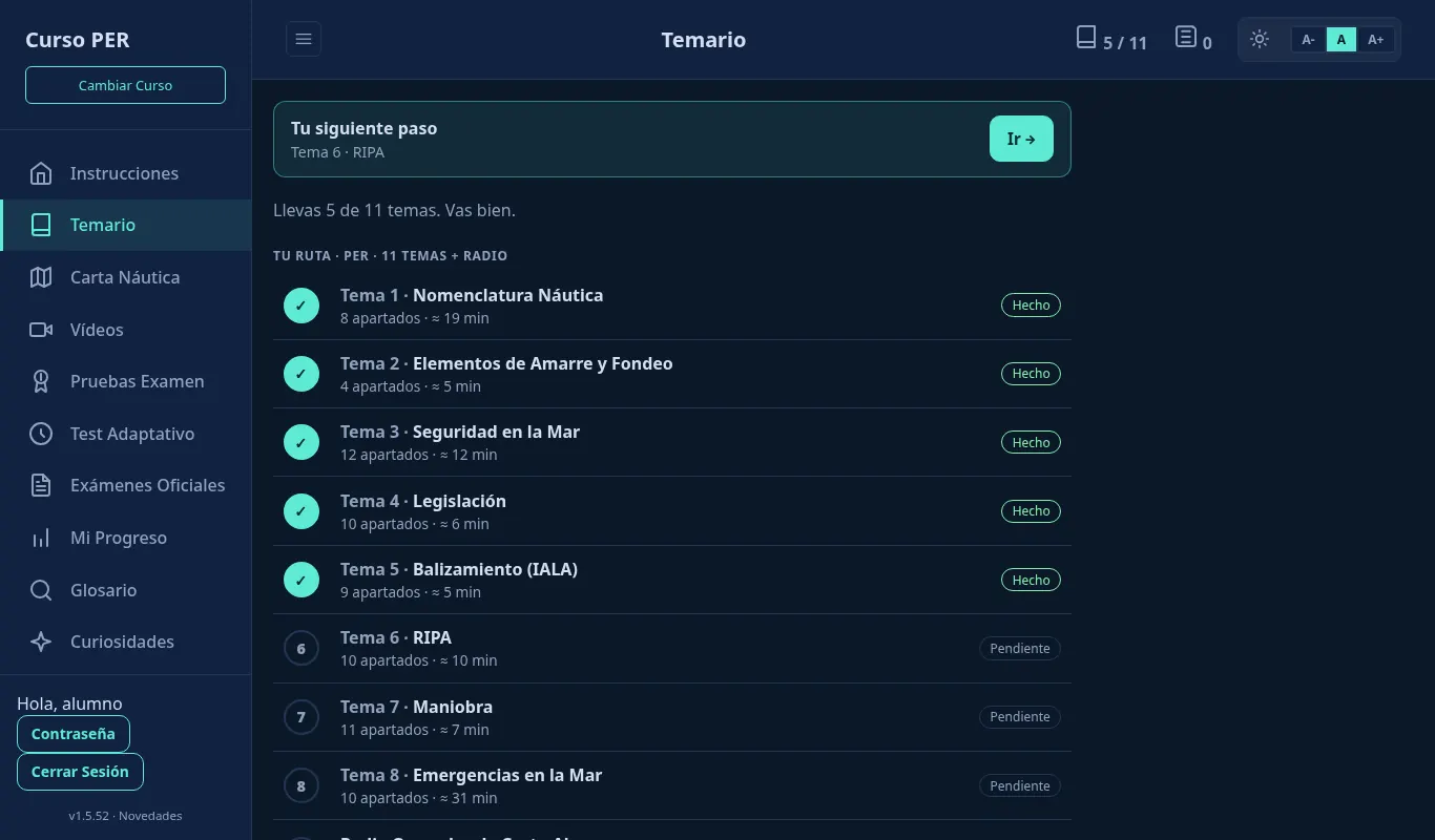 Temario del PER en el aula virtual: ruta de 11 temas y Radio con los temas hechos y el siguiente paso
