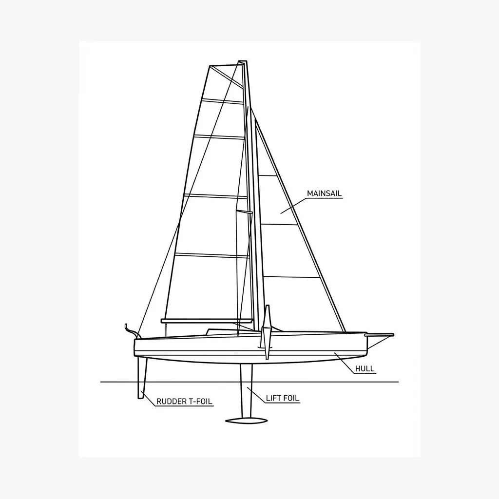 Esquema técnico de un barco con foils