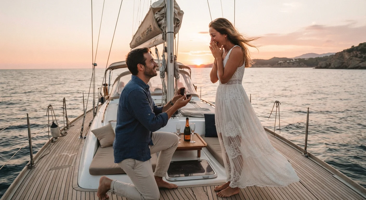 Marriage proposal on board a private sailboat at sunset off the coast of Barcelona