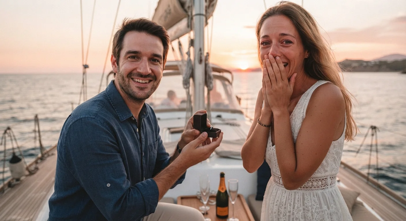 Couple smiling after a marriage proposal on board a sailboat at sunset
