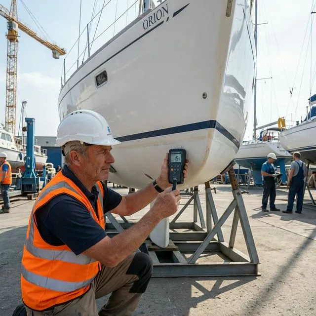 Perito naval de Altair inspeccionando casco de velero