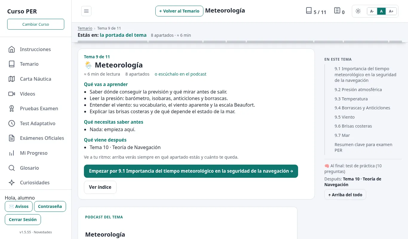 Portada del Tema 9, Meteorología: qué vas a aprender, qué necesitas antes, qué viene después y podcast del tema