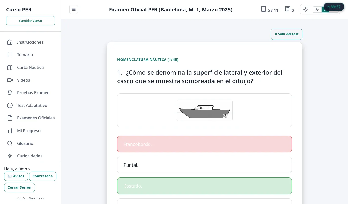 Simulacro con el examen oficial del PER de Barcelona (marzo 2025): pregunta con imagen, corrección al momento y cronómetro