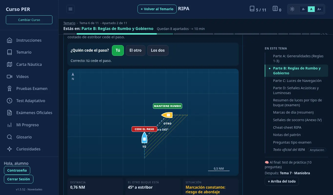 Simulador de encuentros del RIPA en el aula virtual: dos buques se cruzan, el tuyo cede el paso y la marcación constante avisa del riesgo de abordaje