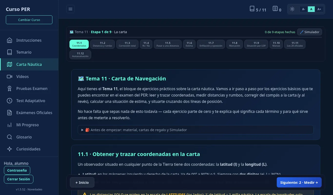 Tema 11 de carta de navegación con la guía de etapas y el apartado de coordenadas