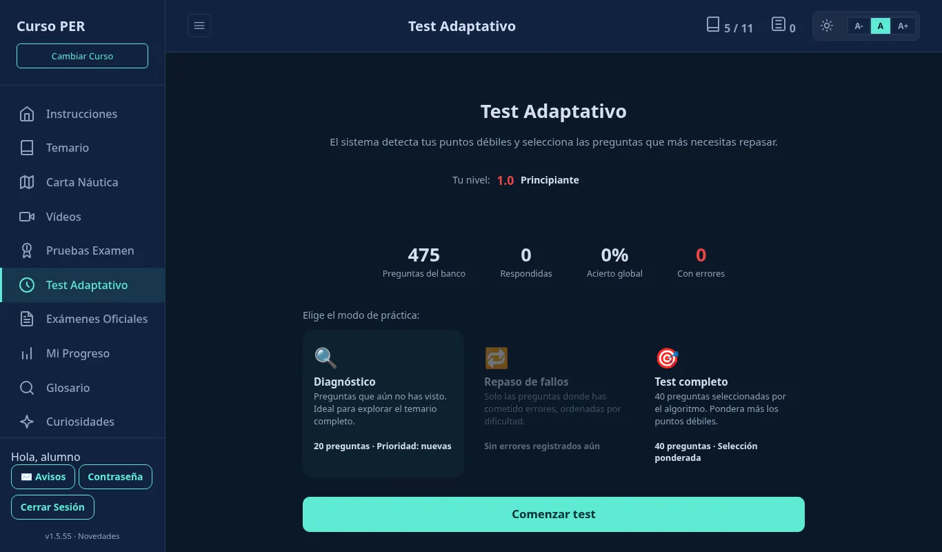 Test adaptativo del aula virtual con 475 preguntas en el banco y modos diagnóstico, repaso de fallos y test completo