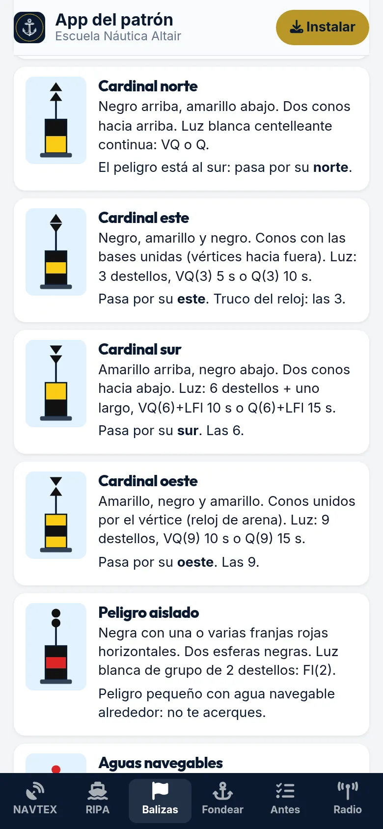 App del patrón: marcas cardinales con su luz