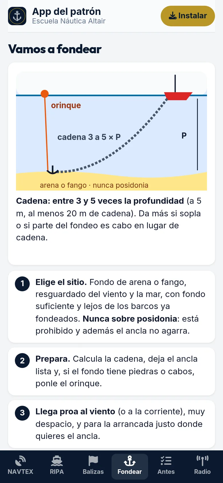 App del patrón: cómo fondear, cadena y orinque