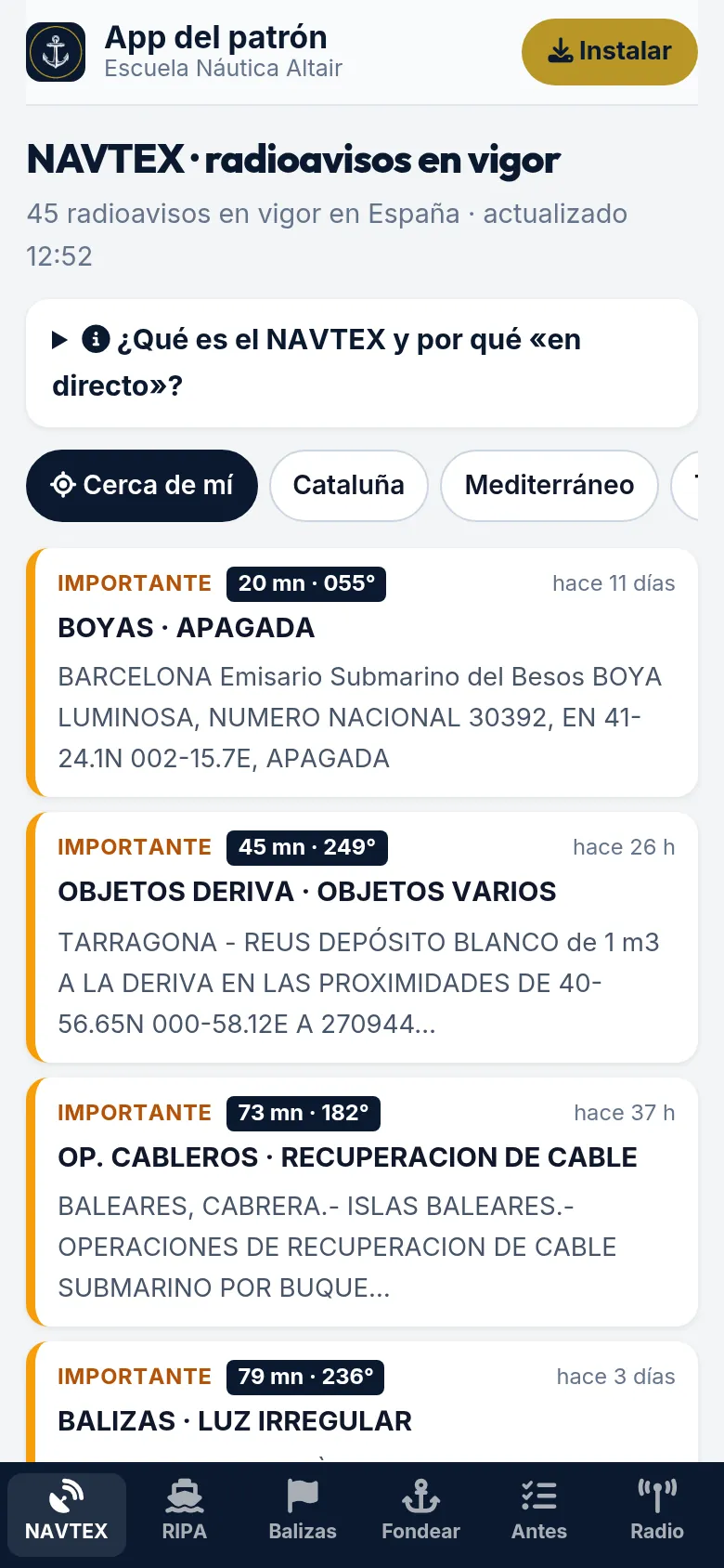 App del patrón: radioavisos NAVTEX ordenados por distancia desde Port Garraf