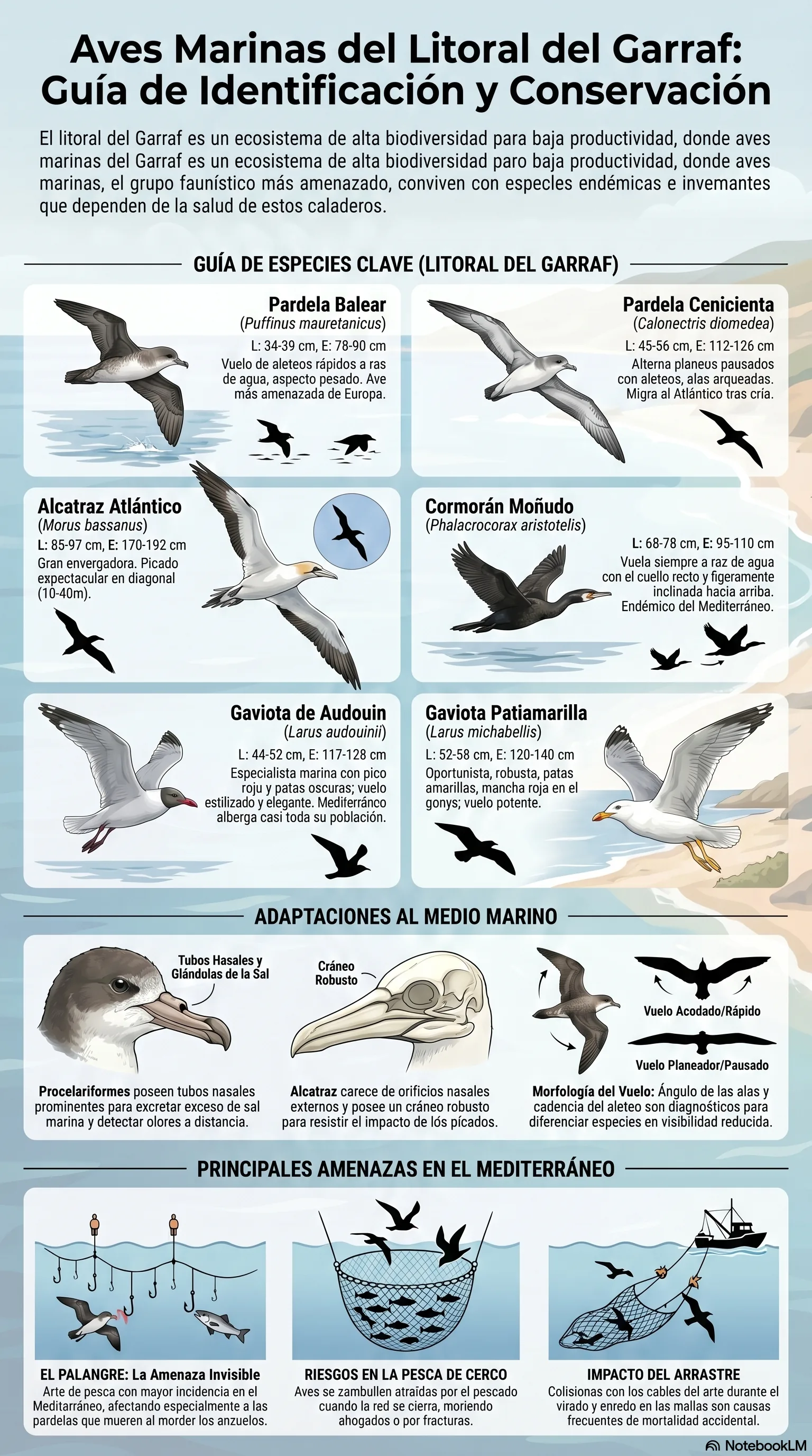 Infografía de aves marinas del litoral del Garraf: pardela balear, pardela cenicienta, alcatraz atlántico, cormorán moñudo, gaviota de Audouin y gaviota patiamarilla con medidas y adaptaciones