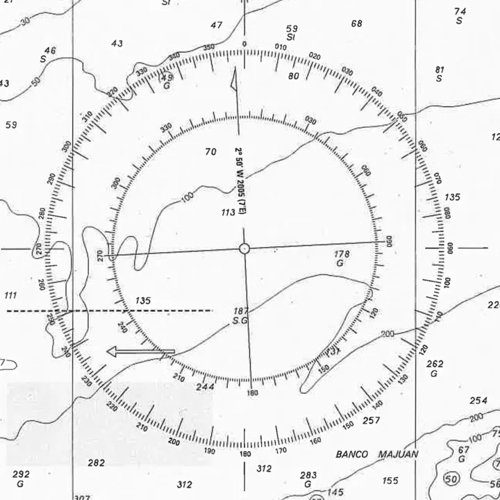 Rosa de la carta L105 con la corona exterior en verdaderos, la interior en magnéticos y la anotación 2°50' W 2005 (7' E); alrededor, sondas y veriles de 50, 100 y 200 metros