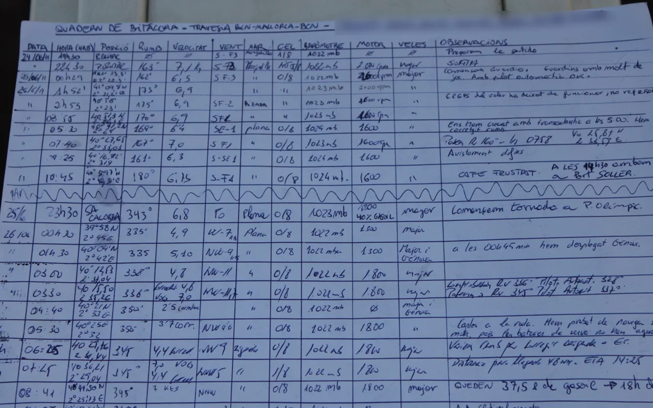 Página del cuaderno de bitácora de una travesía Barcelona-Mallorca, escrita a mano