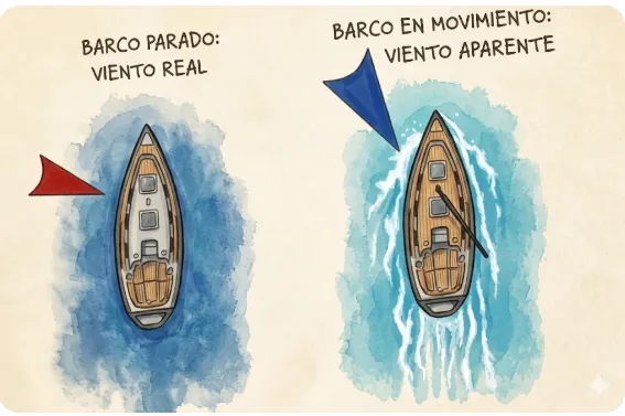 El vent aparent es desplça cap a proa conforme el vaixell augmenta la seva velocitat