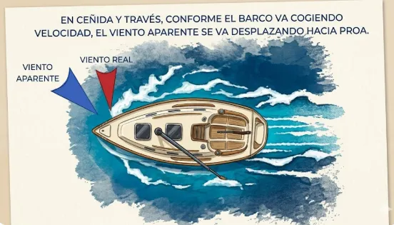 Diferència entre vent real (vaixell parat) i vent aparent (vaixell en moviment)