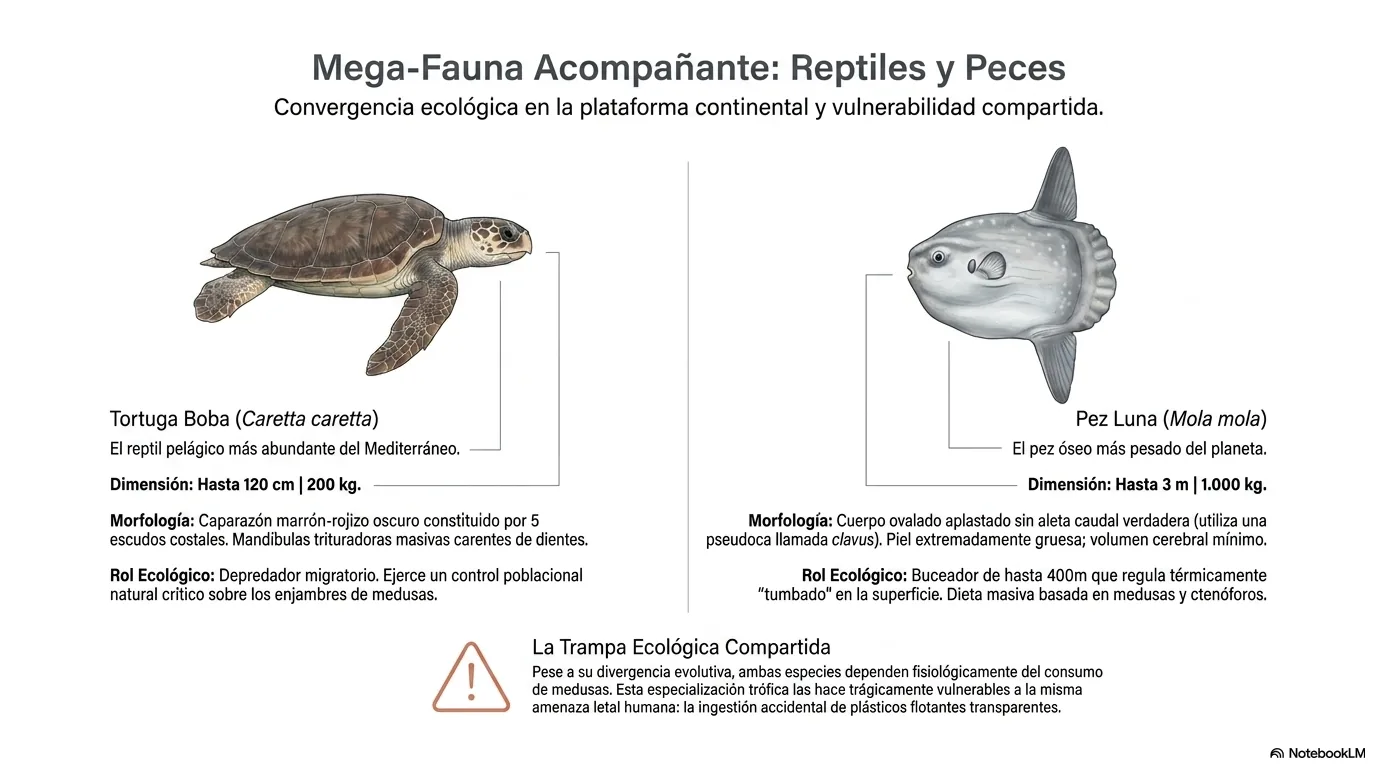 Medusa común, medusa luminosa y tortuga boba en el Mediterráneo